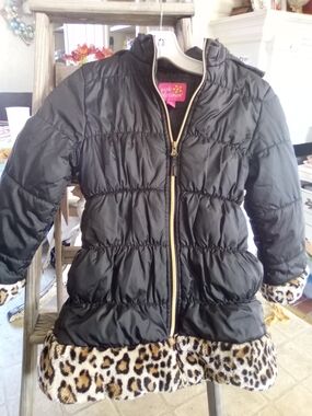 New Pink Platinum Black Puffer Coat Leopard Trim